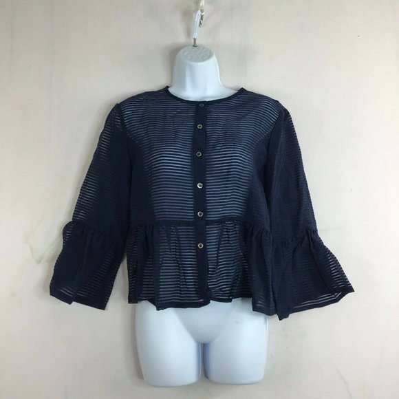 PAUL & JOE Sister Women's Blue Striped Mesh Front Button Blouse Top Size 3 L - Picture 6 of 11